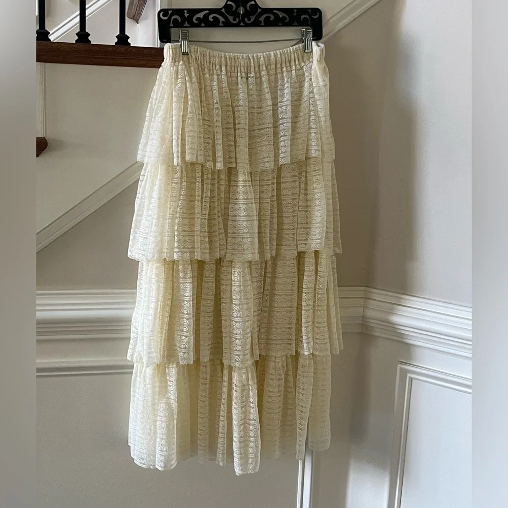 Free People Cream Tiered Lace A-Line Skirt